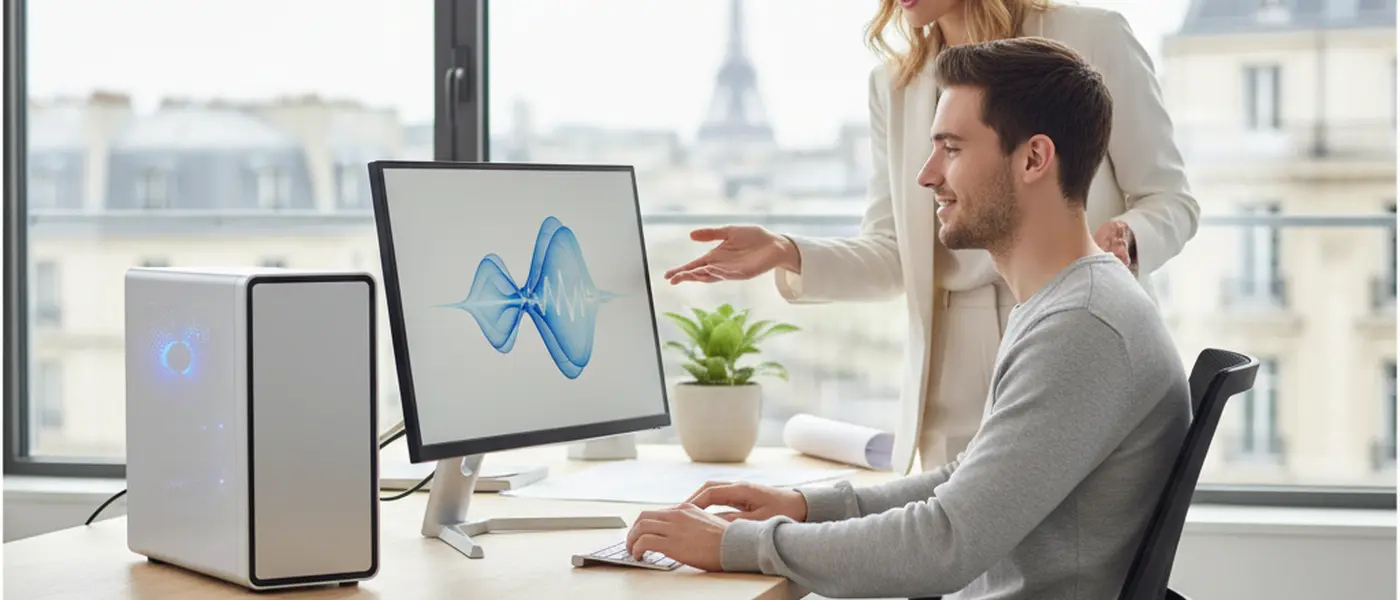 Technicien inspectant un ordinateur portable reconditionné sur un plan de travail dans un atelier de réparation électronique