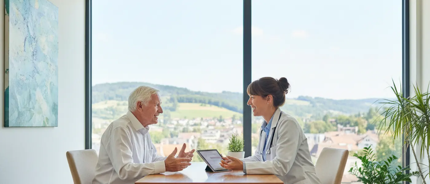 Älterer Mann beim Arztgespräch über gesundes Altern und Gewichtsmanagement