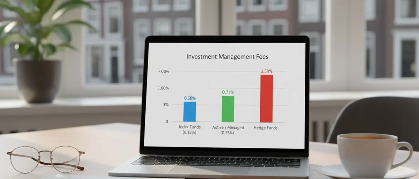 Vergelijking van kosten voor vermogensbeheer op een laptopscherm met financiële documenten op een bureau