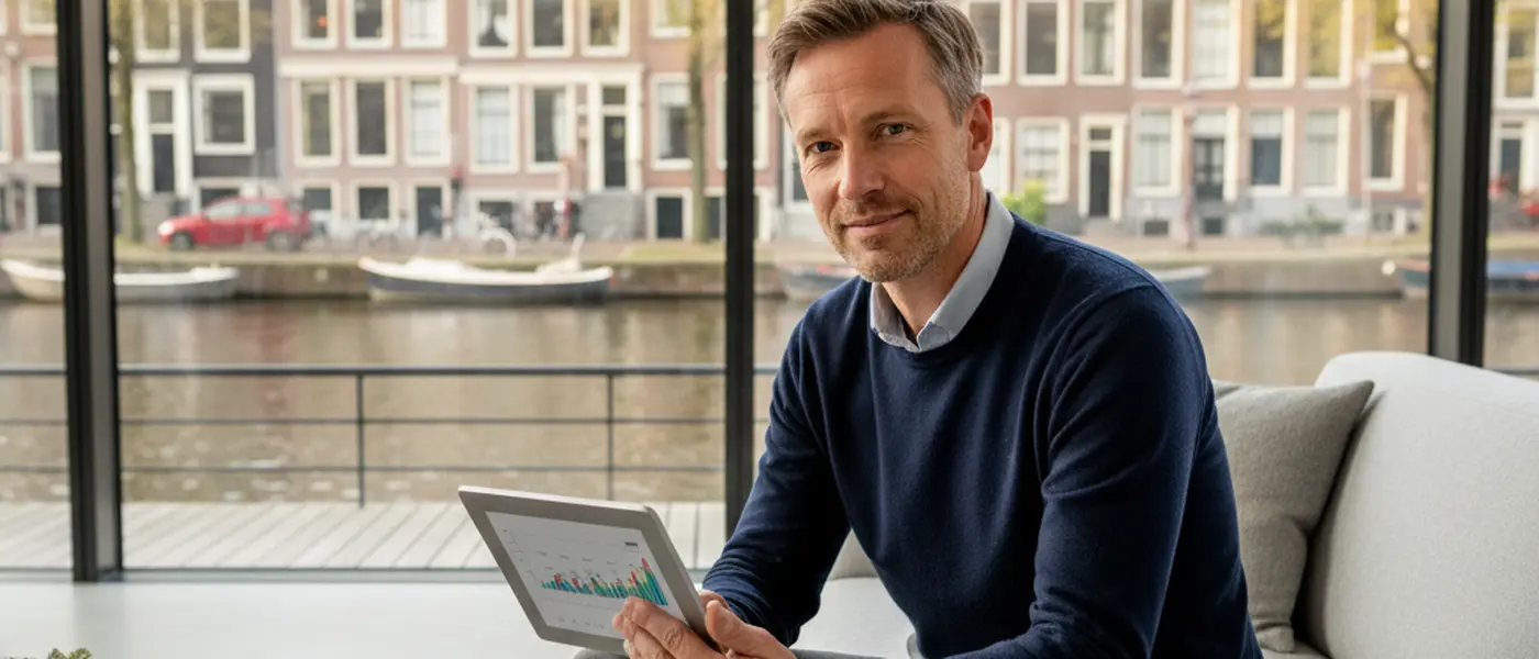 Man bekijkt zijn beleggingsportefeuille op een tablet in een moderne woonkamer met uitzicht op een gracht