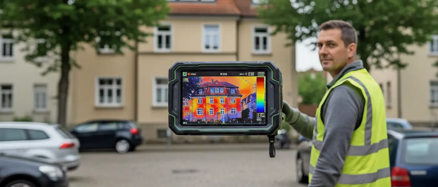 Energieberater mit Waermebildkamera untersucht die Fassade eines deutschen Wohnhauses