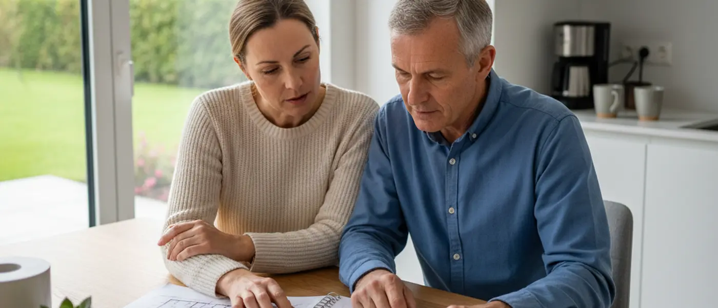 Ehepaar prueft am Kuechentisch einen Energieausweis und Sanierungsfahrplan