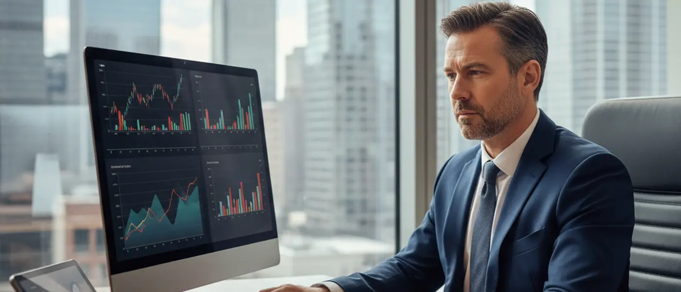 Financial advisor reviewing investment portfolio charts during Middle East energy crisis