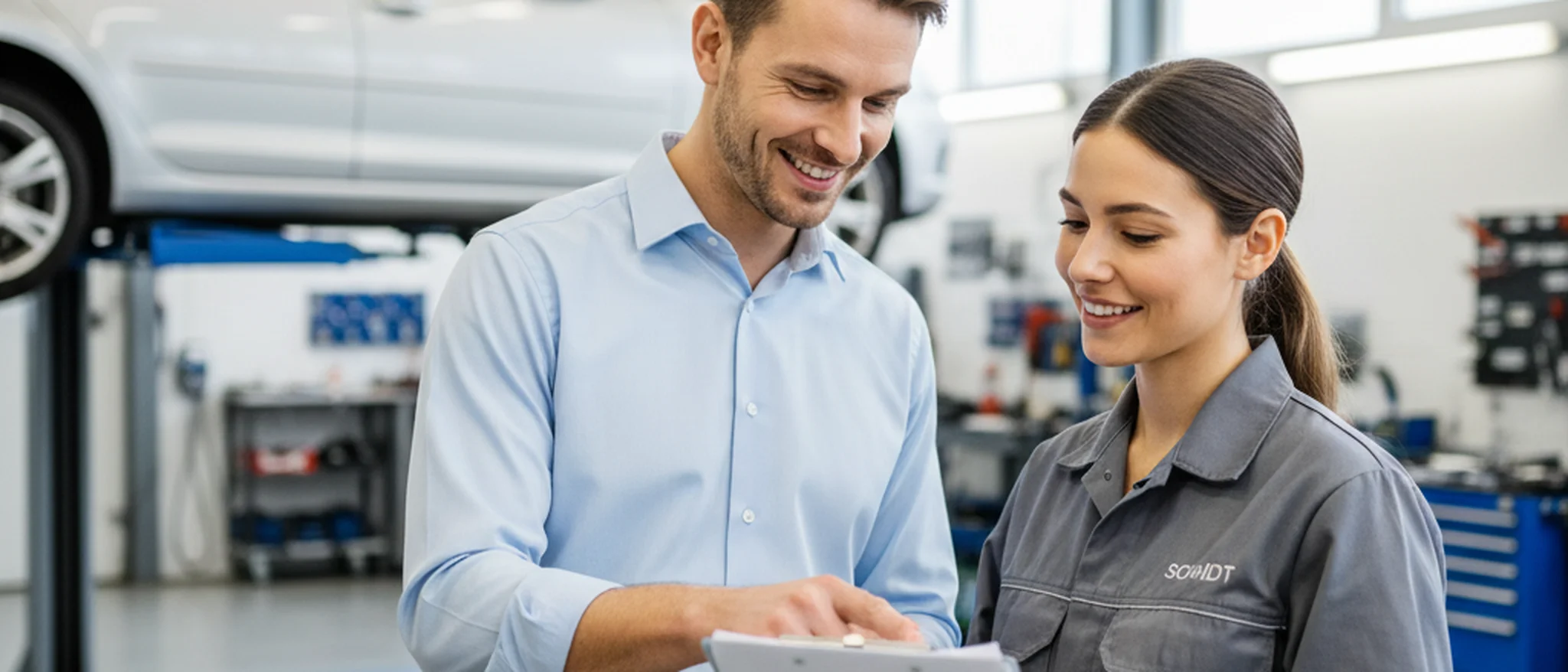 Kunde und Kfz-Mechaniker besprechen einen Kostenvoranschlag in einer modernen deutschen Werkstatt