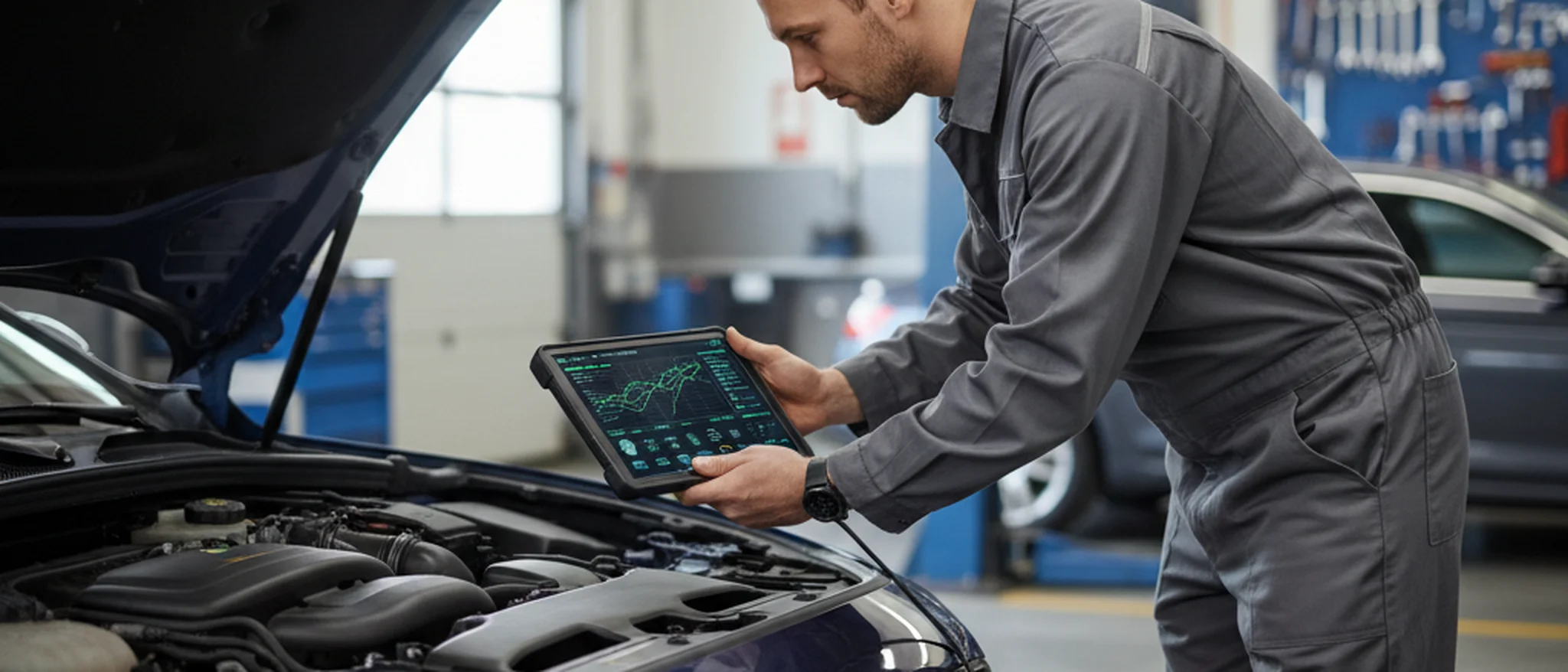 Mechaniker nutzt ein digitales Diagnosegerät am OBD-Anschluss eines Fahrzeugs