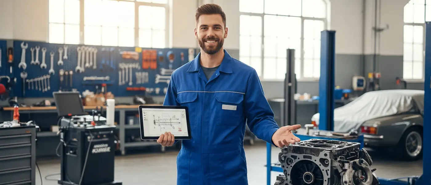 Kfz-Mechaniker inspiziert den Motorraum einer Limousine in einer gut ausgestatteten Werkstatt