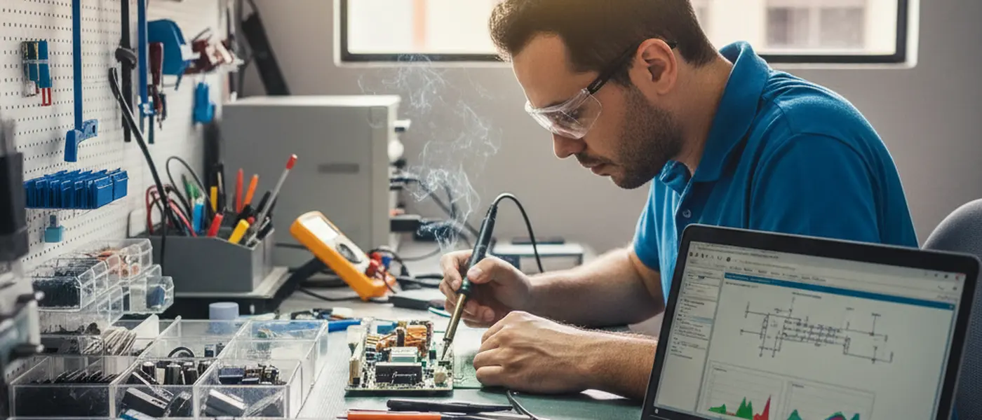 Bancada organizada com ferro de solda, capacitores e laptop em oficina de eletrônica