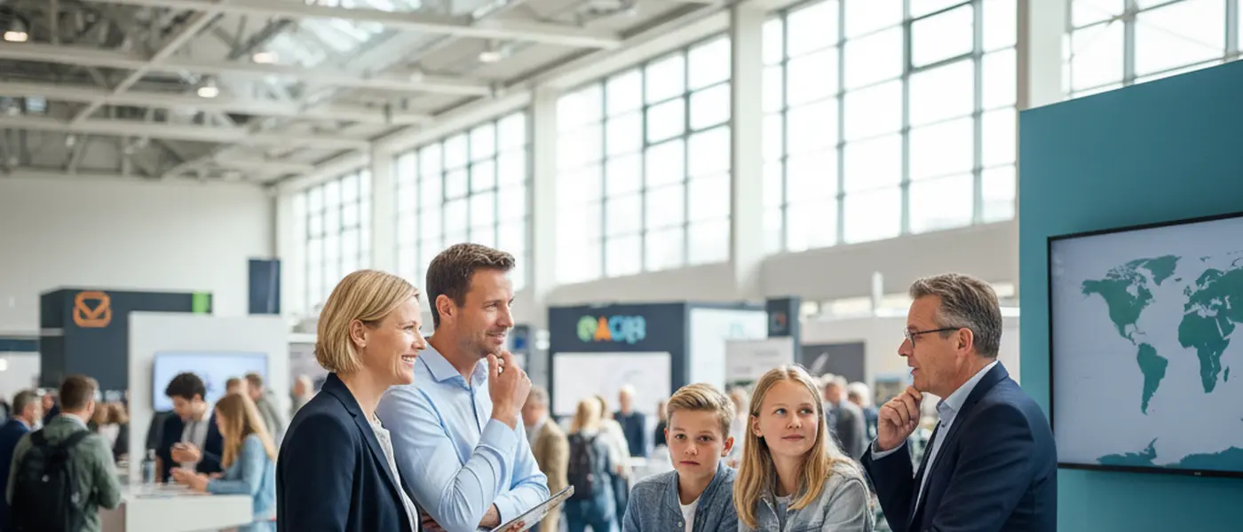 Nederlands gezin dat praat met een adviseur op een emigratiebeurs in Utrecht