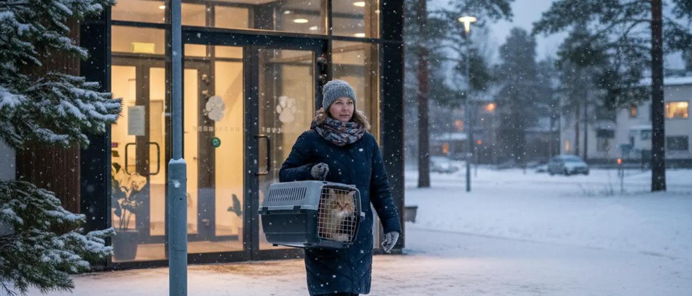 Lemmikkieläimen omistaja saapuu eläinlääkäripäivystykseen kissankuljetuslaatikon kanssa talvi-iltana
