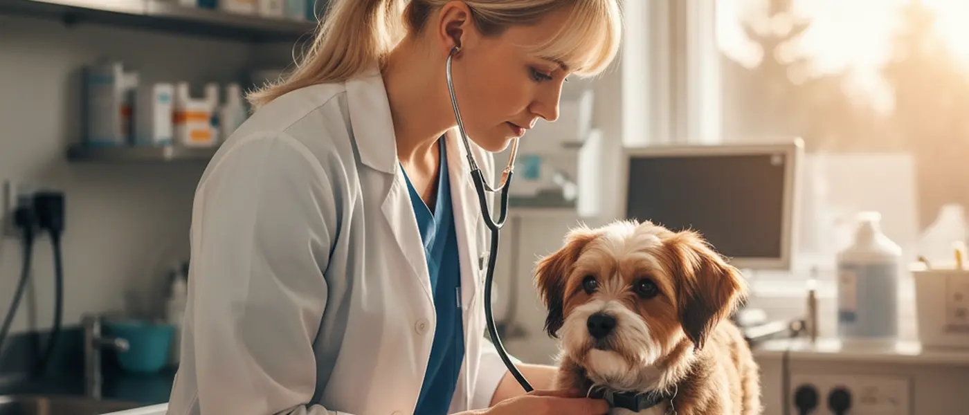 Eläinlääkäri tutkii pientä koiraa stetoskoopilla vastaanotolla klinikassa