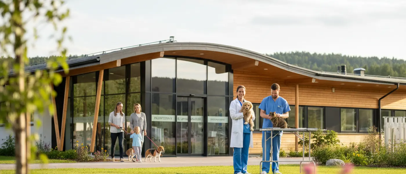 Eläinlääkäri tutkii kultaista noutajaa päivystysvastaanoton tutkimuspöydällä illalla