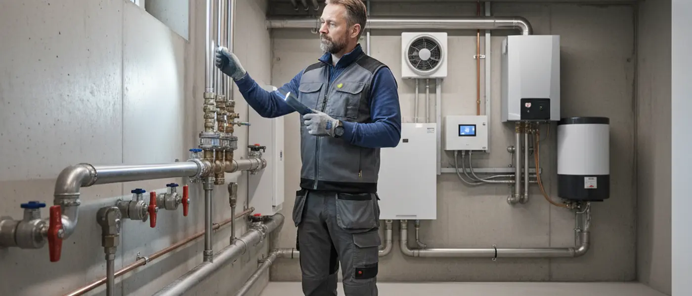 Asunnon omistaja tarkistamassa putkistoa kellarissa taskulampun valossa pohjoismaisessa kodissa