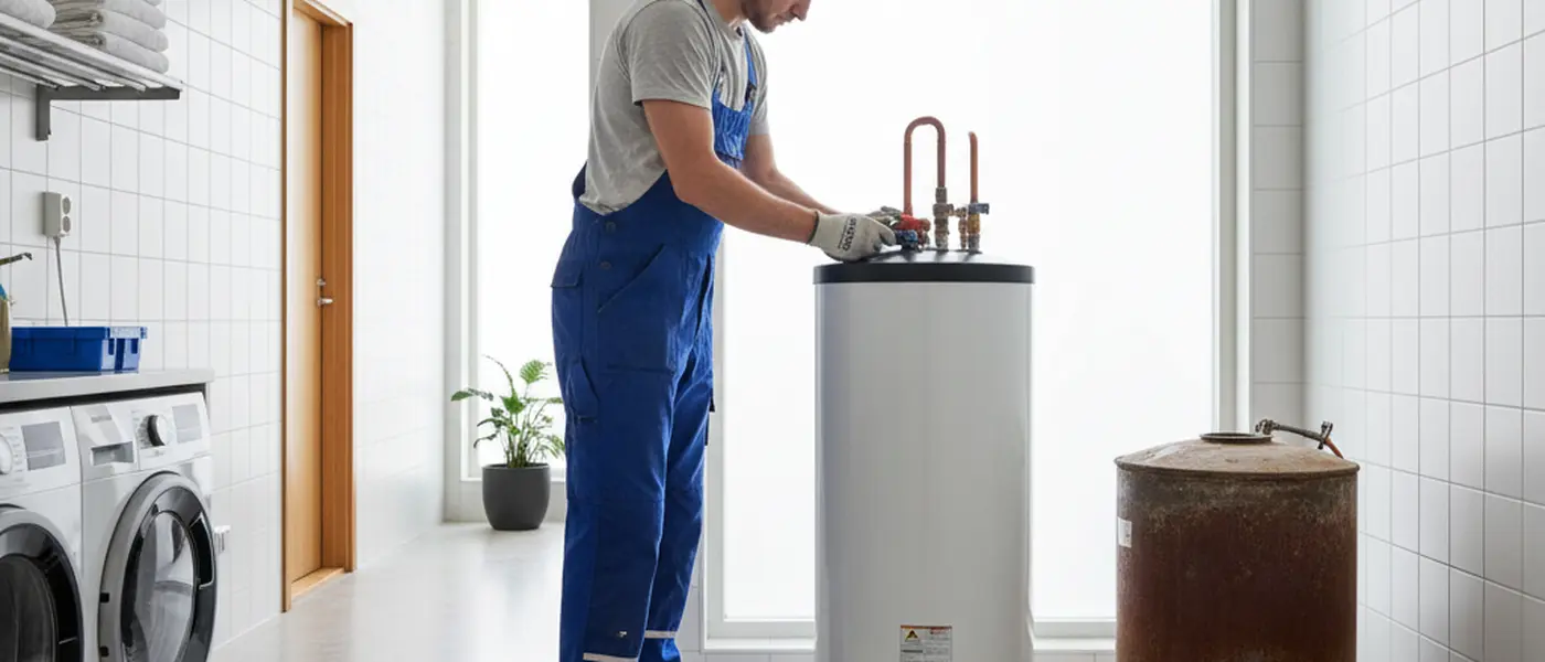 Ammattilainen vaihtamassa lämminvesivaraajaa suomalaisessa kerrostalossa