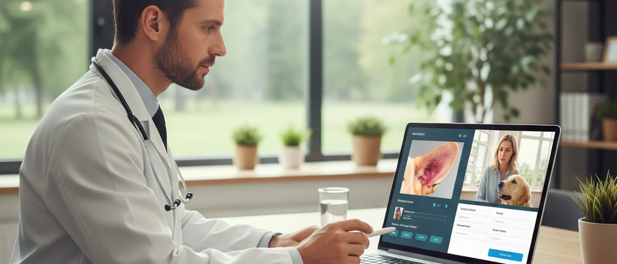 Veterinär på en skärm som undersöker ett närbild-foto av en hunds öra under ett digitalt djurvårdssamtal