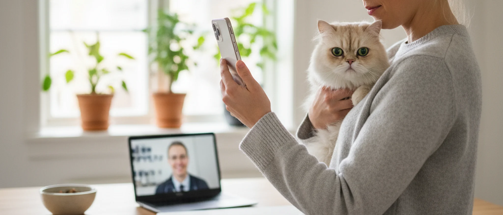 Djurägare som fotograferar sin katts öga med en smartphone inför ett digitalt veterinärbesök