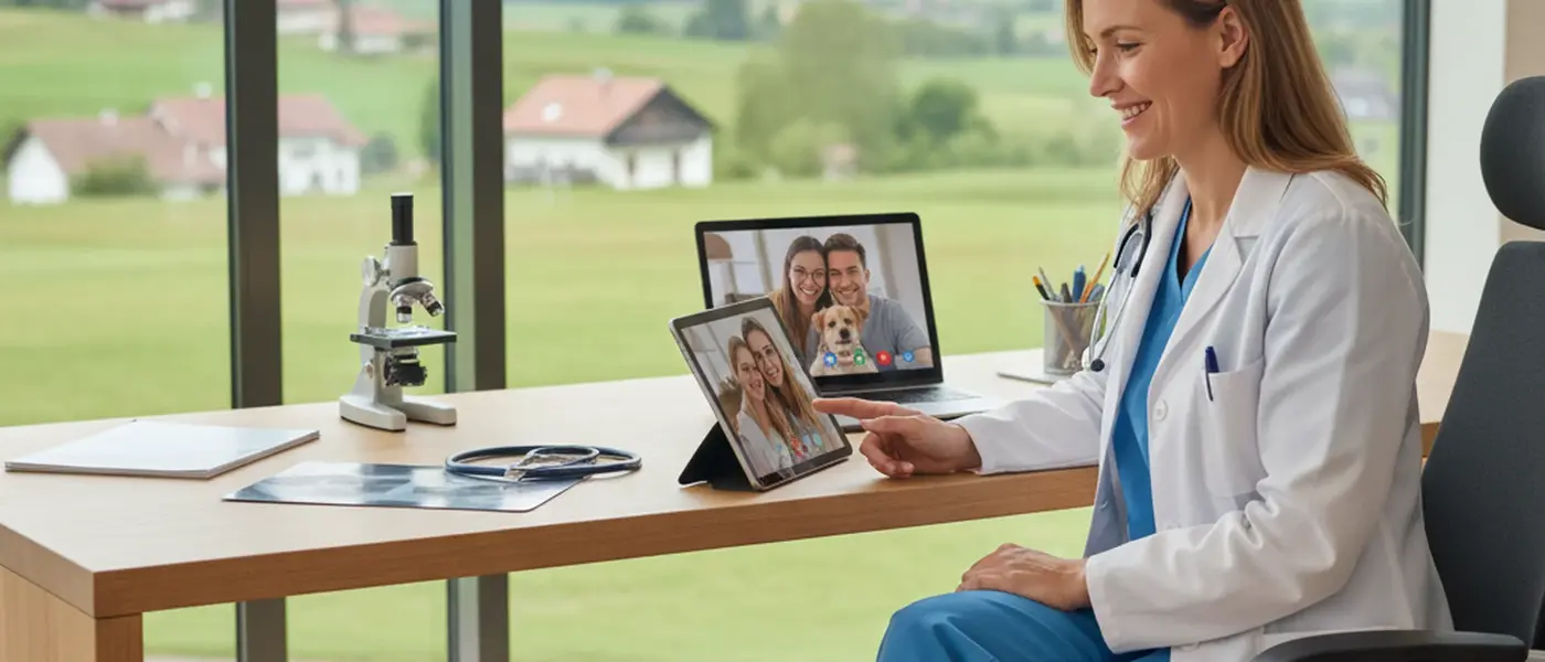 Kvinna med golden retriever under ett digitalt veterinärbesök via surfplatta i ett ljust skandinaviskt vardagsrum