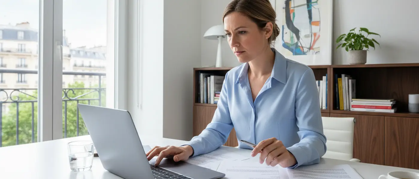 Chef d'entreprise français travaillant sur un ordinateur portable dans un bureau moderne avec des documents réglementaires