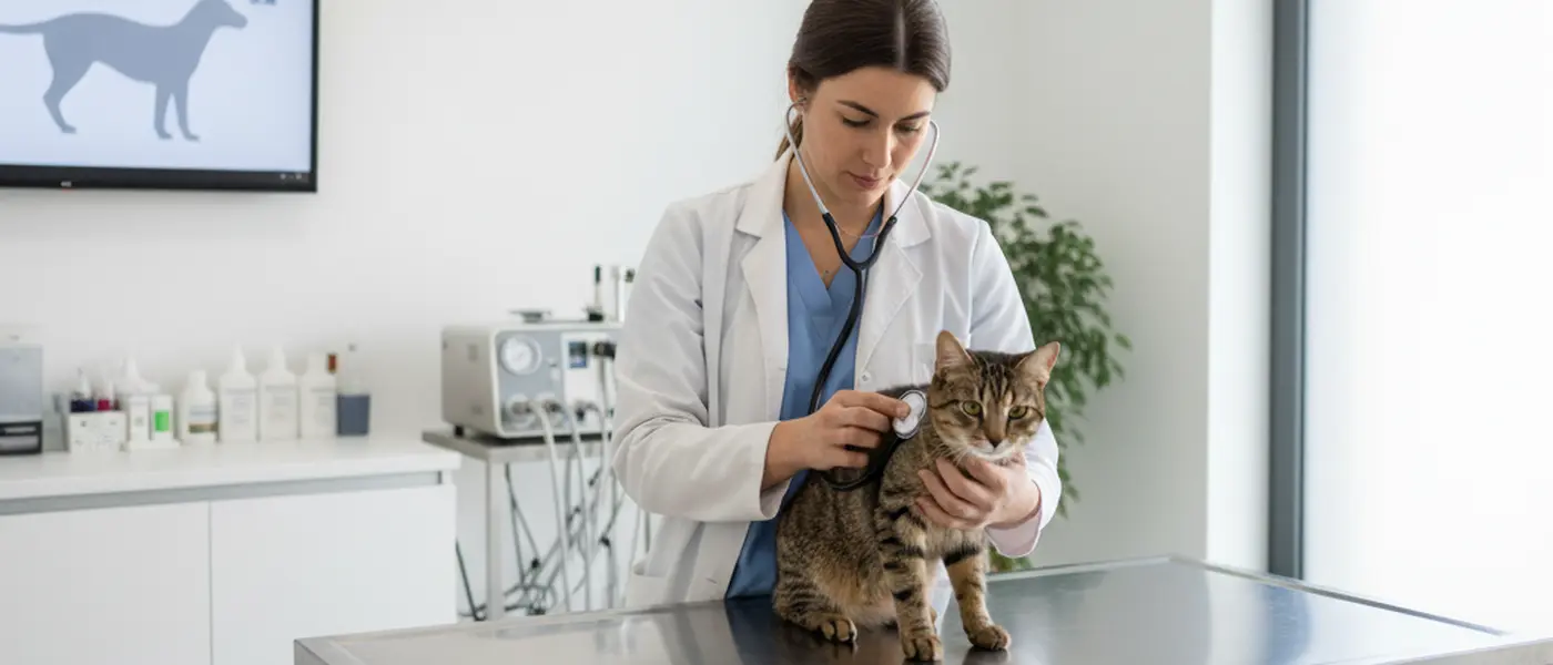 Veterinária a examinar um gato num consultório moderno com equipamento clínico