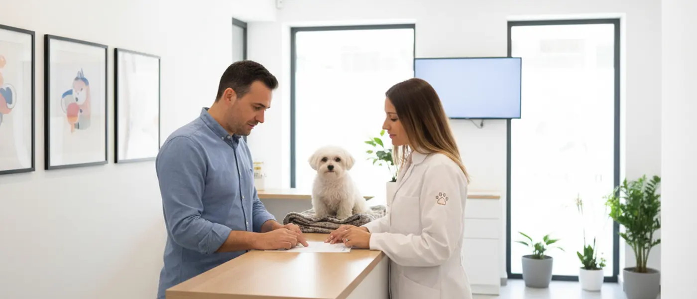Tutor de animal a consultar um veterinário na receção de uma clínica veterinária portuguesa