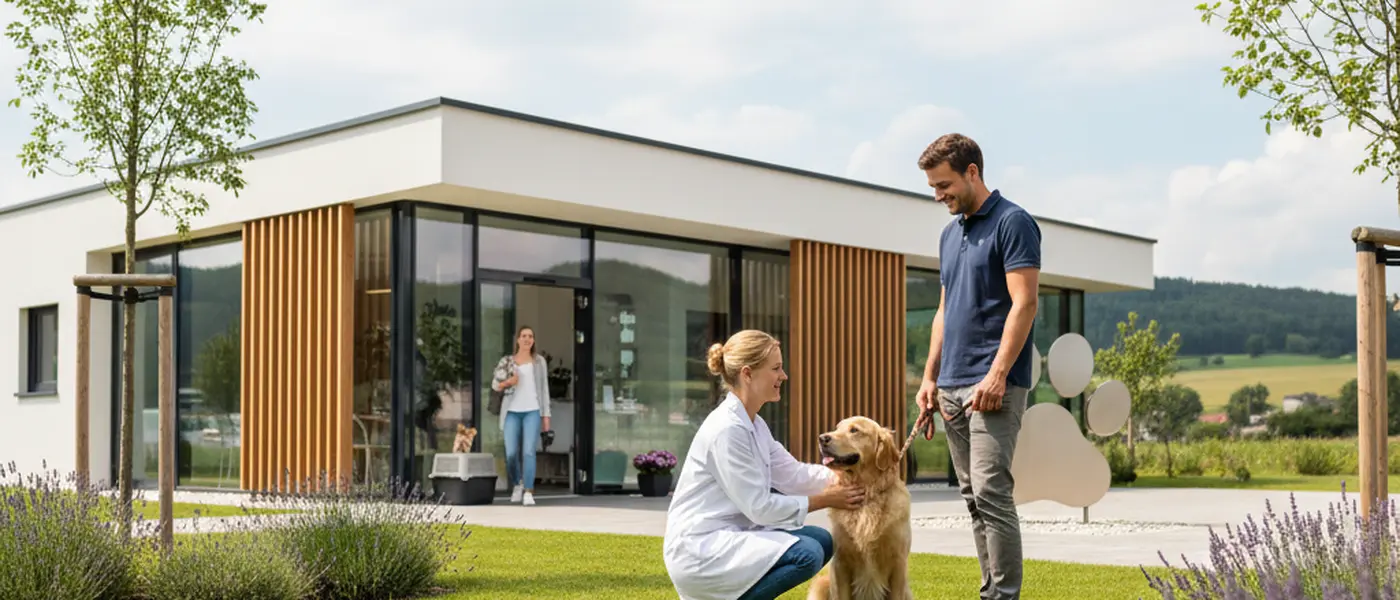 Veterinária portuguesa a examinar um golden retriever numa clínica veterinária moderna em Lisboa