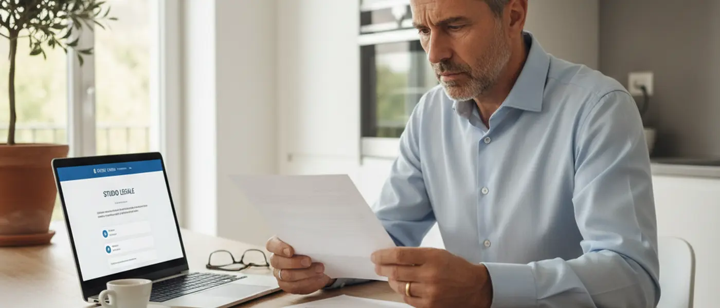 Lavoratore italiano che legge una lettera formale a casa con un computer portatile aperto accanto