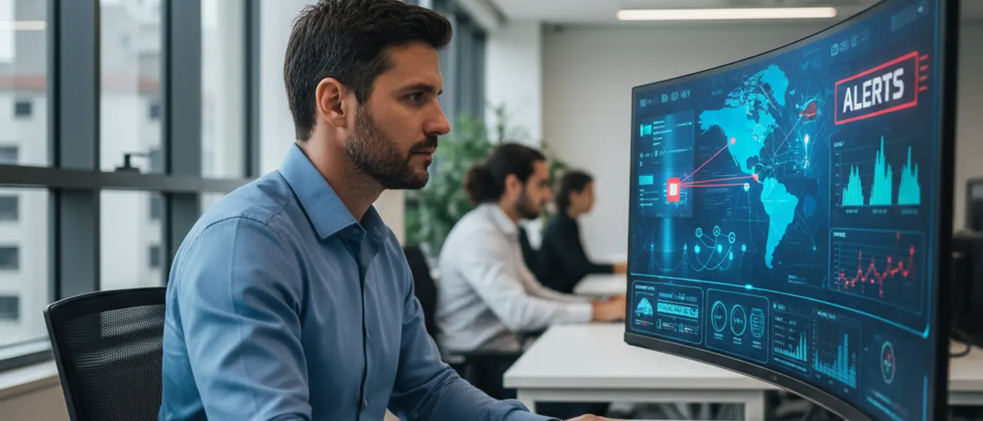 Técnico de suporte informático analisando painel de cibersegurança com alertas de firewall em escritório