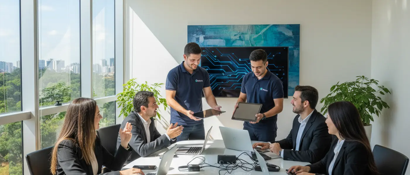 Equipe de profissionais configurando novos laptops em sala de reunião corporativa