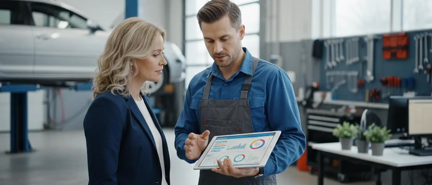 Automekaanikko näyttää diagnostiikkaraporttia tabletilta asiakkaalle autokorjaamossa