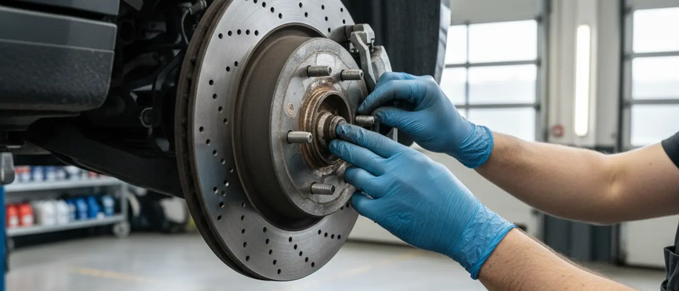 Mekaanikon kädet tarkastavat jarrulevyjä ja -paloja nosturilla olevan auton alla puhtaassa korjaamossa