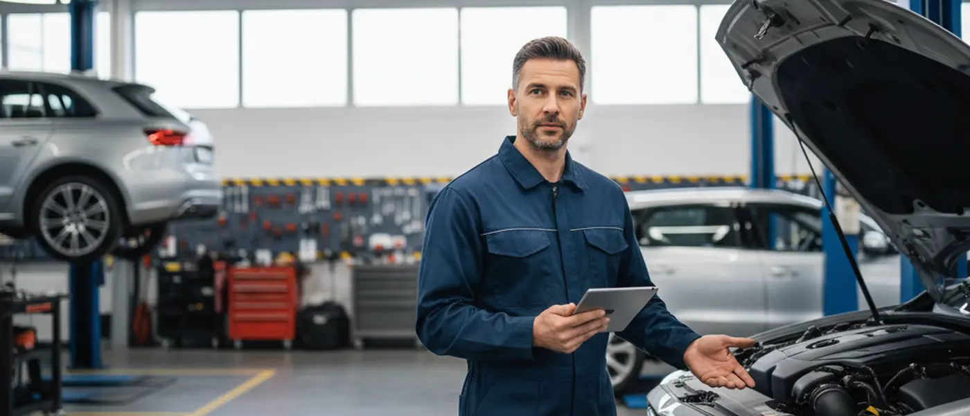 Suomalainen automekaanikko tutkii auton moottoria diagnostiikkalaitteella modernissa autokorjaamossa