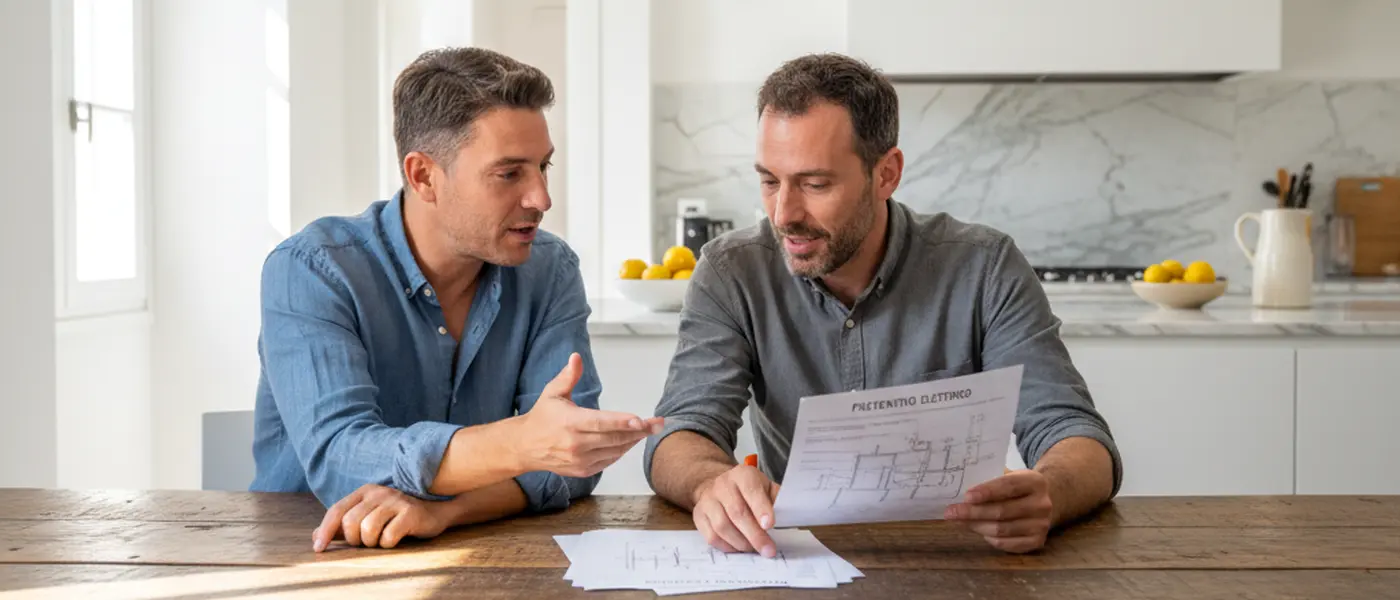 Proprietario e elettricista che esaminano un preventivo scritto al tavolo di una cucina in un appartamento italiano