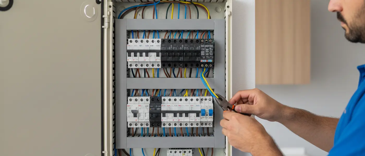 Quadro elettrico residenziale aperto con interruttori differenziali durante una ristrutturazione in Italia