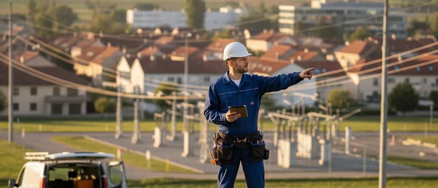 Elettricista italiano in tuta da lavoro che controlla un quadro elettrico residenziale con un multimetro