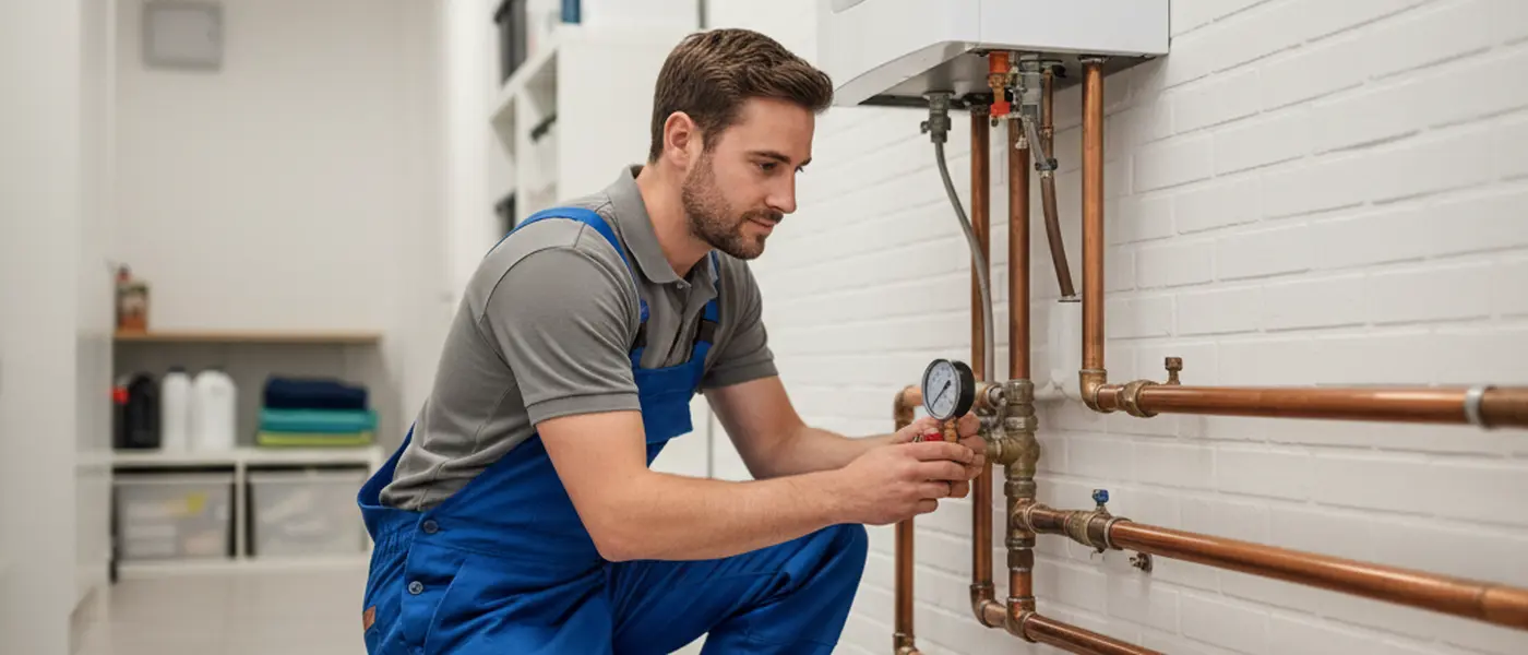 Loodgieter inspecteert koperen waterleidingen met een manometer in een Nederlandse meterkast