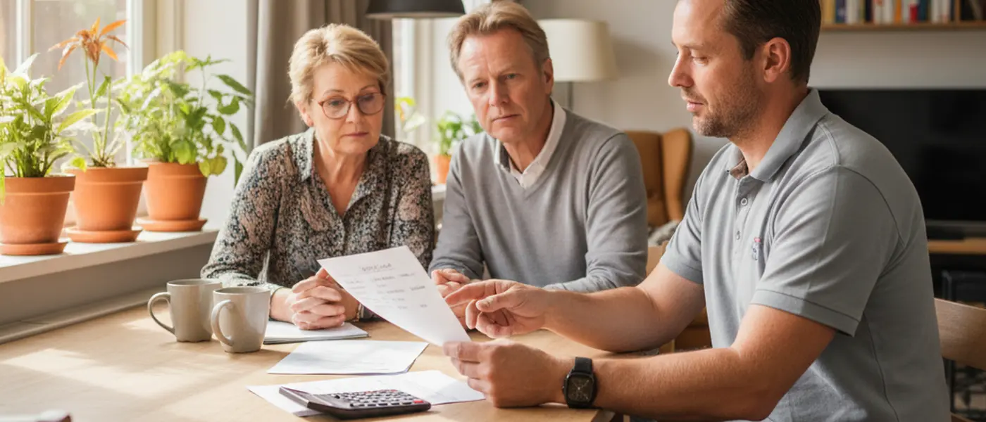 Loodgieter bespreekt een offerte met een Nederlands echtpaar aan de eettafel