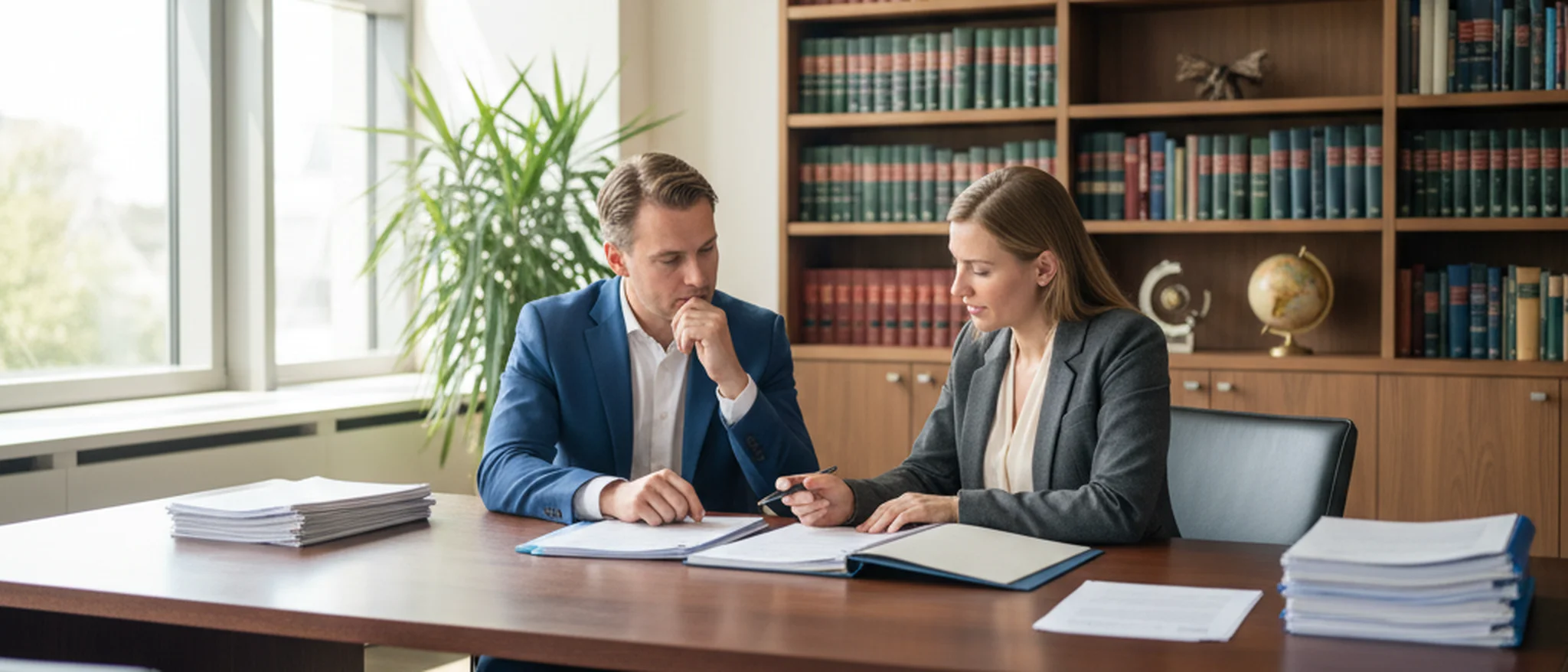 Werknemer en arbeidsrecht advocaat bespreken contractdocumenten aan een bureau in een Nederlands advocatenkantoor