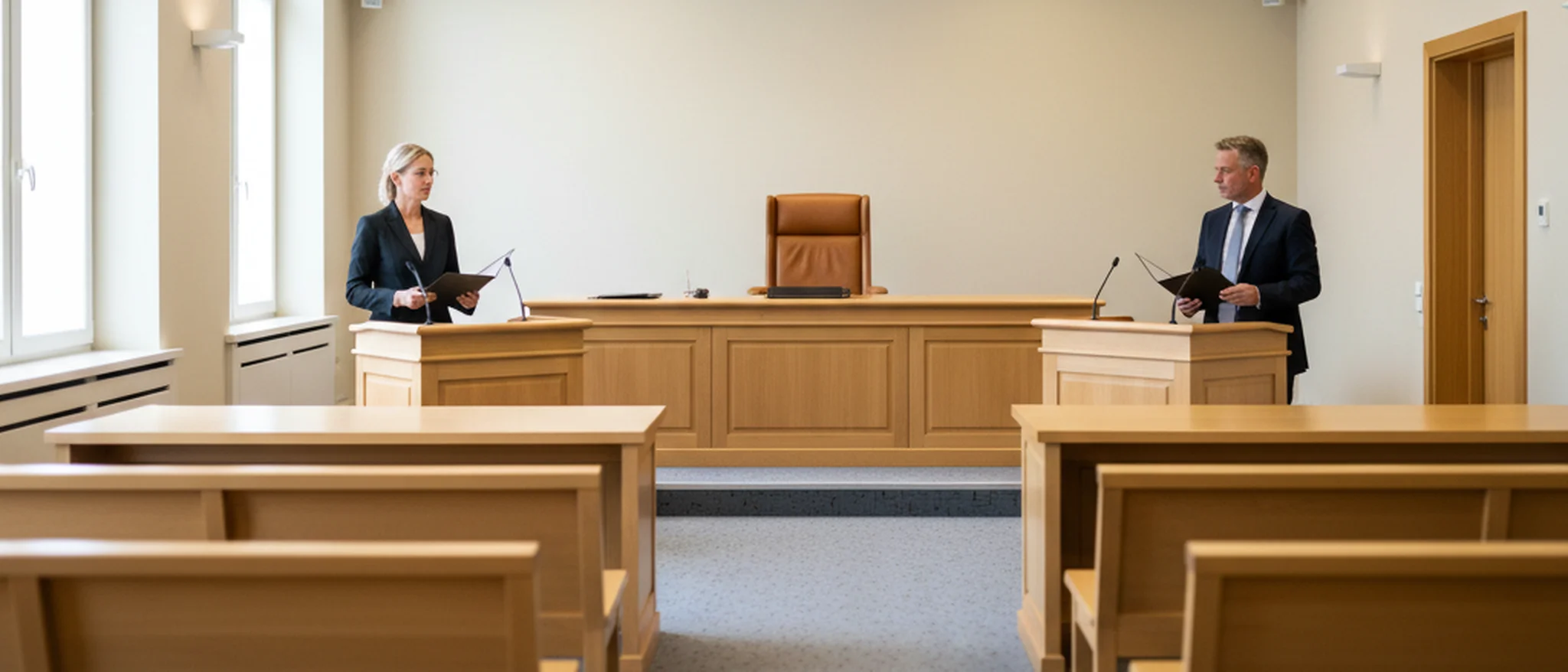 Zittingszaal van een Nederlandse kantonrechter met houten bank en twee advocaten