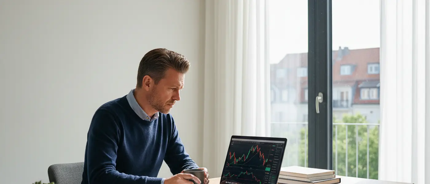 Deutscher Investor überprüft sein Aktienportfolio auf einem Laptop im Homeoffice mit besorgtem Gesichtsausdruck