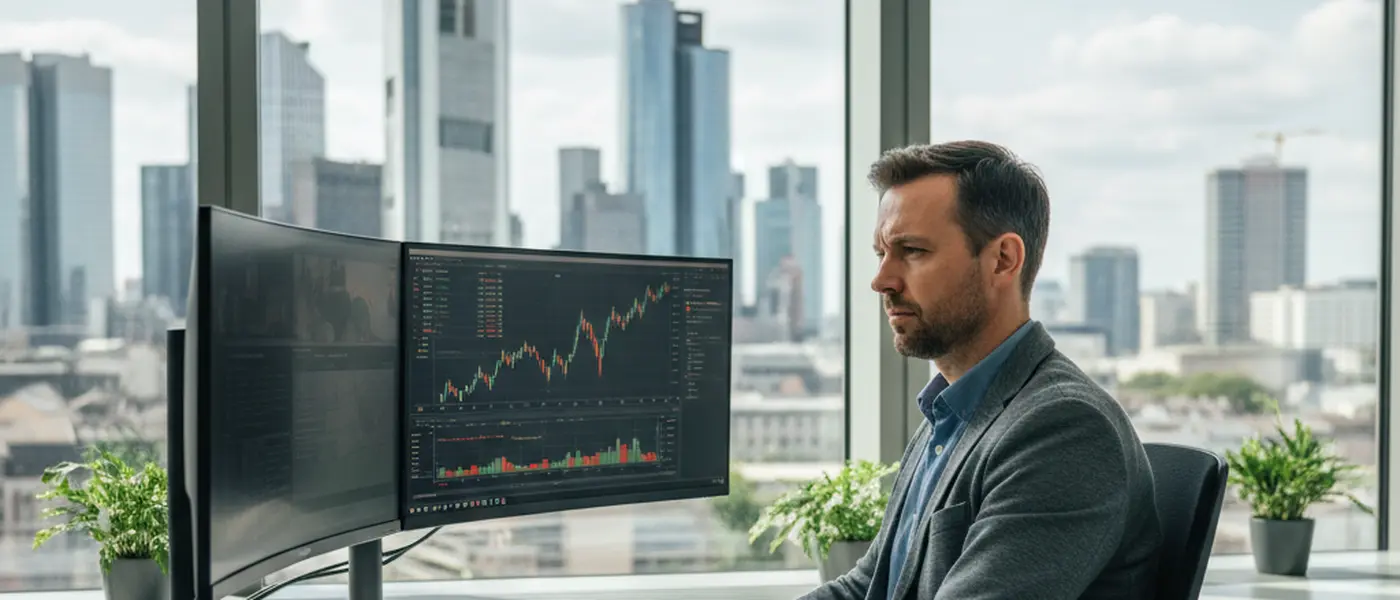 IT-Experte analysiert SAP-Aktienkurs auf zwei Bildschirmen im Büro