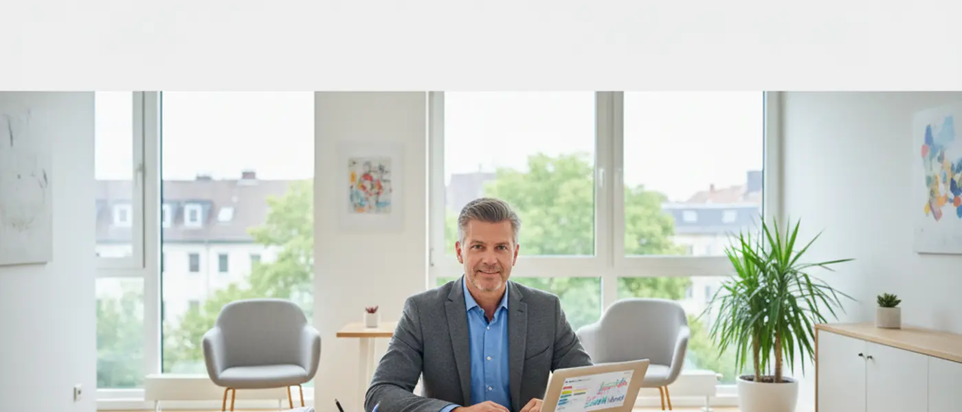 Deutscher Allgemeinmediziner am Schreibtisch beim Besprechen von Gesundheitsbefunden mit einem Patienten