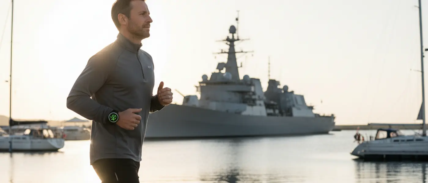 Joggeur avec montre connectée affichant un itinéraire GPS près d'un port au lever du soleil