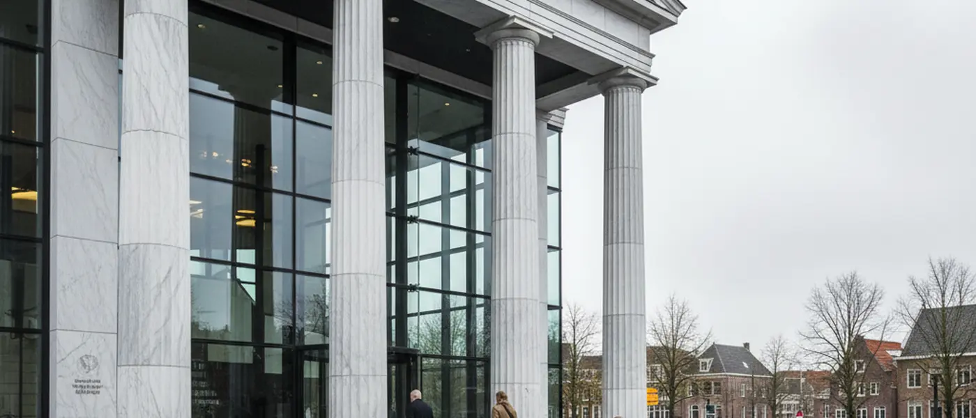 Ingang van een Nederlands gerechtsgebouw met mensen die naar binnen lopen