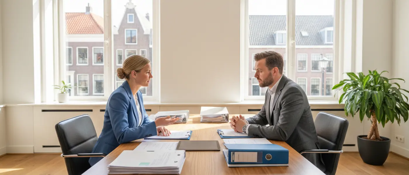 Juridisch adviseur bespreekt documenten met cliënt in een helder Nederlands kantoor