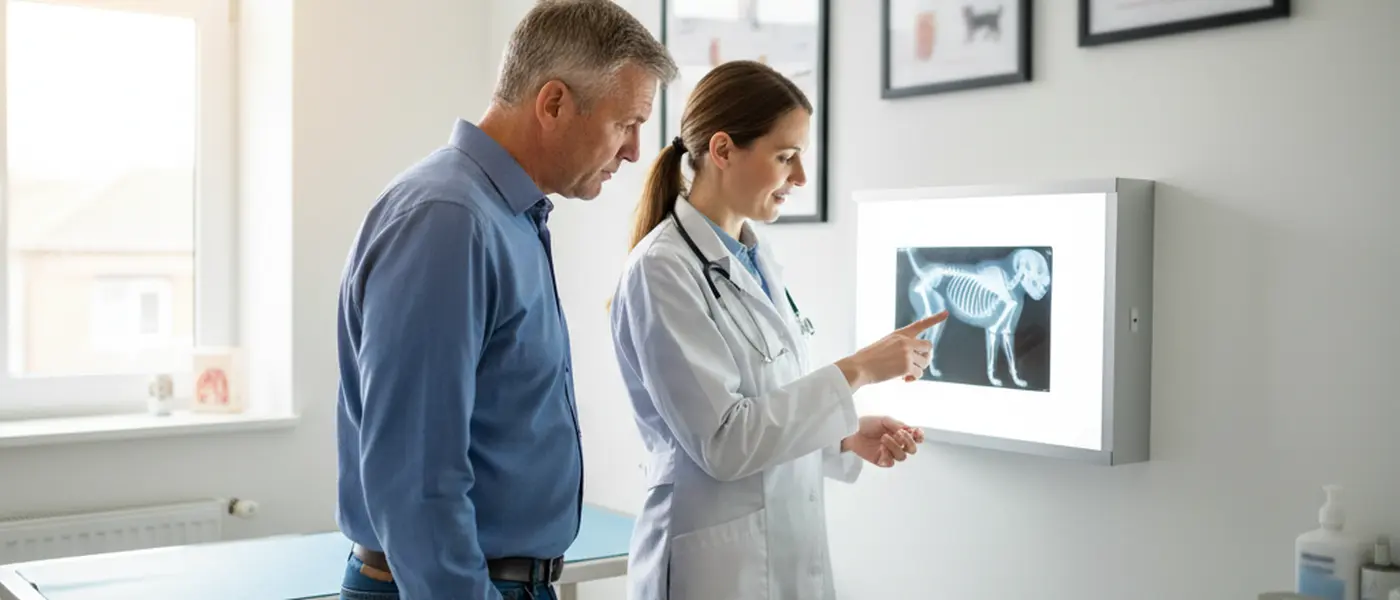 Veterinarian explaining a pet X-ray to a concerned owner in a UK consultation room