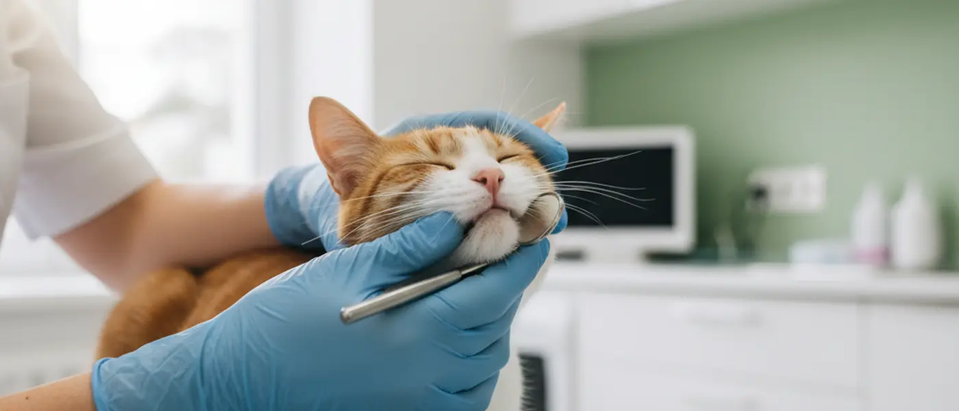 Close-up of a vet examining a tabby cat's teeth during a dental check-up