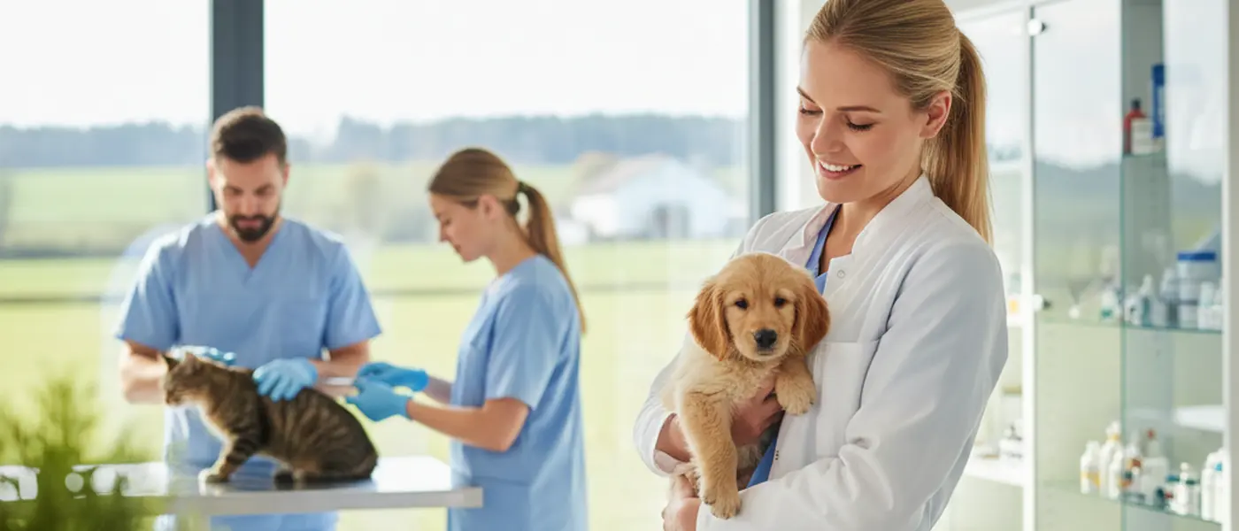 Female veterinarian examining a golden retriever with a stethoscope in a bright UK veterinary clinic