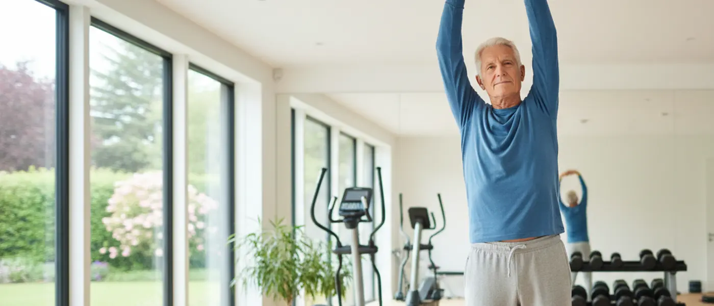 Homme âgé en pleine forme physique faisant des exercices d'étirement dans une salle de gym à domicile