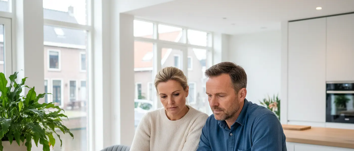 Nederlands gezin bekijkt energierekening en laptop met energieprijzen aan keukentafel