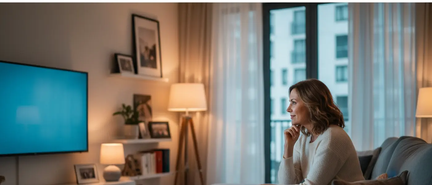 Femme regardant la télévision seule le soir avec une expression nostalgique