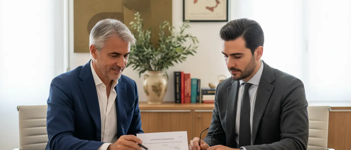 Consulente del lavoro e titolare d'azienda esaminano un contratto di lavoro in un ufficio professionale